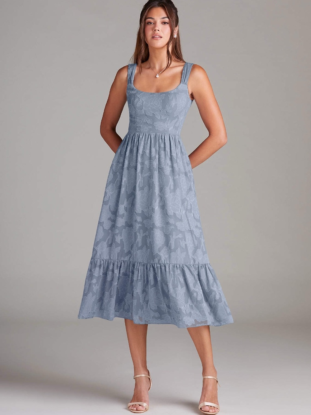 Azazie Alissa Dusty Blue A-Line with Pockets Floral Burnout Dress